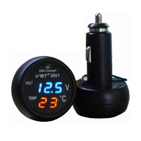 Voltmetar za autoupaljač sa termometrom i USB punjačem, 12-24VDC